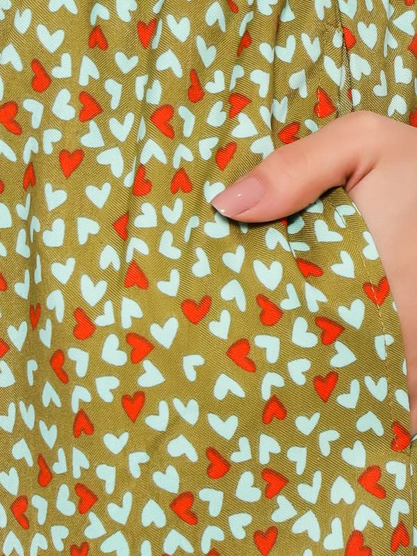 Image of Clovia Women's Rayon Heart Print Button Down Shirt & Pyjama Set in Green