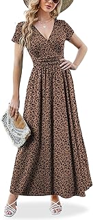 Maxi Dress for Women Wrap V Neck Short Sleeve Empire Pleated Waist Summer Casual Elegant Long Dresses with Pockets - Buy now