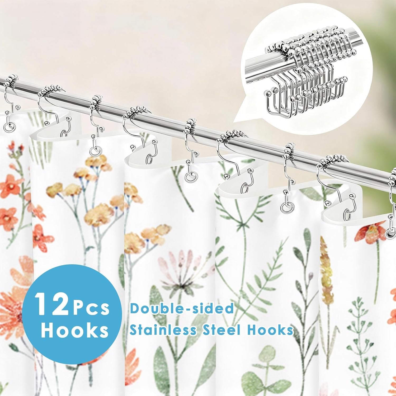Shower Curtain and Liner Set, Watercolor Flower Sage Green Floral PlantsShower Curtain and Liner with Double-Sided Stainless Steel Hooks, 3-in-1 Waterproof Fabric for Bathroom, 72x72 Inch