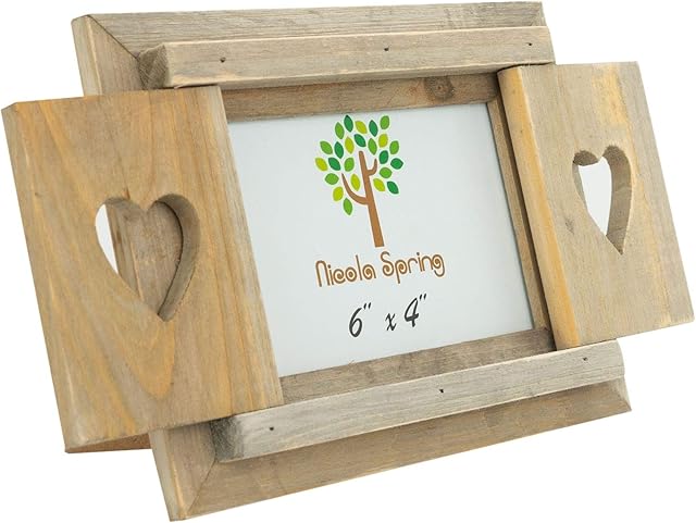 Nicola Spring 6 x 4 Wooden Freestanding Photo Picture Frame - Heart Shutters - Fits 6x4 Photos - Natural