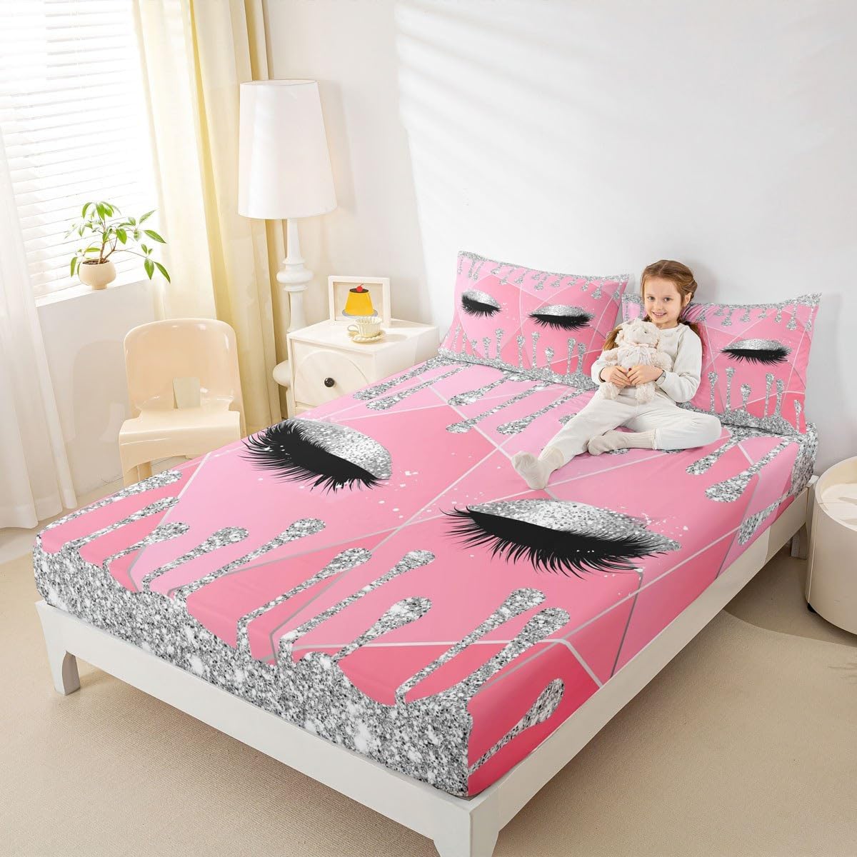 Feelyou Glitter Print (No Glitter) Eyelash Bed Sheets Set Eyes Diamond Design Sheets with Deep Pocket Fitted Sheet Modern Simple Lovely Sheet Set for Adults Pink Bedding Set Ultra Soft Queen 4Pcs