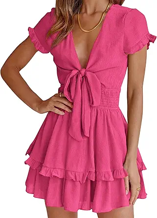 PRETTYGARDEN Women Summer Mini Short Dress 2025 Short Sleeve Casual Beach Vacation Sundress V Neck Tiered Sun Dresses