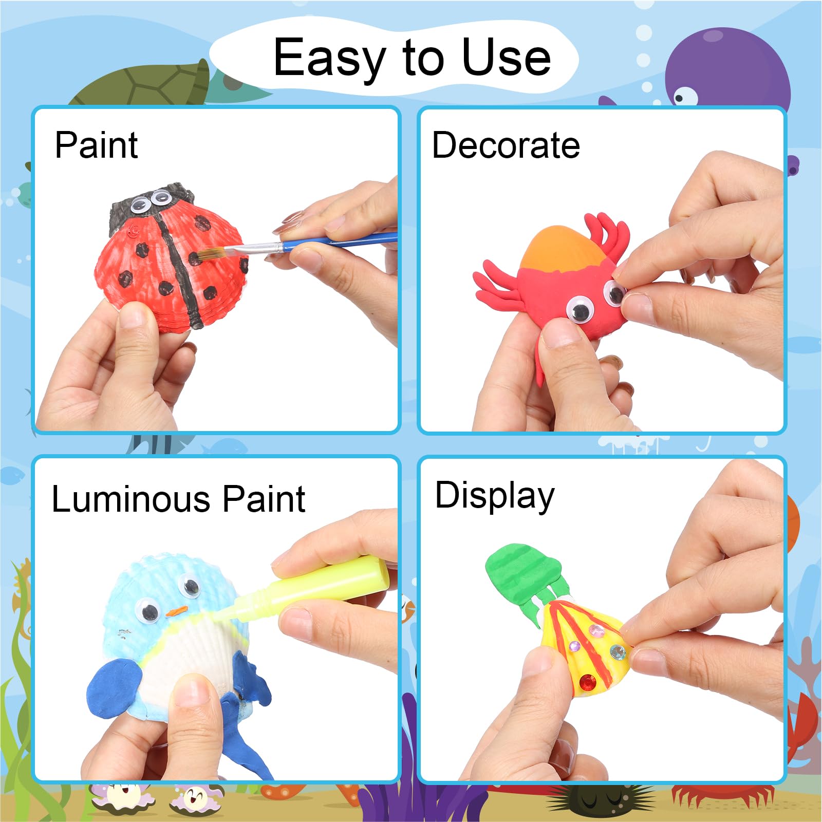 OWill Muscheln Bemalen Set Für Kinder – DIY Bastelset Mit 9 Muscheln, Farben & Glitzer, Ab 6 Jahren