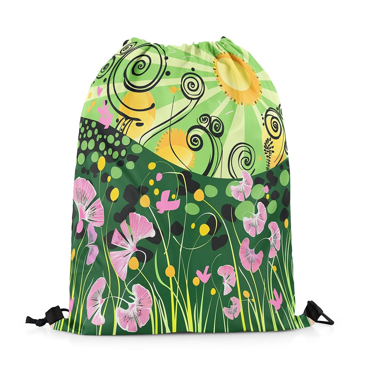 Homewish Hippie Sun String Backpack Pink Floral Botanical Drawstring Backpack for Swim Yoga Traveling Trip Black Geometric Stripes Drawstring Bags Retro Vintage theme Draw String Back Bag,33 x 40 cm