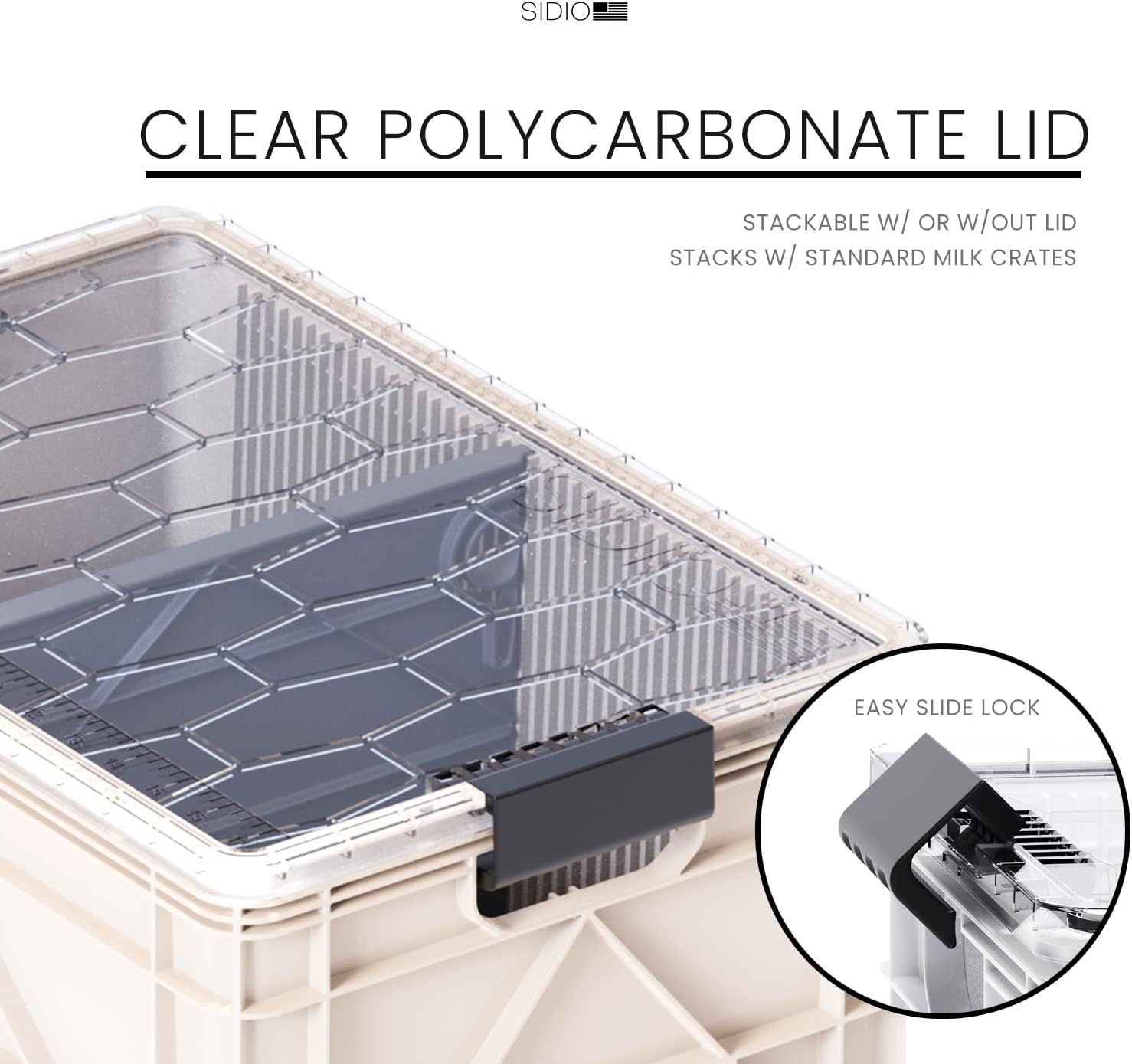 SIDIO CRATE Starter Pack - Two Full Size and One Half Size Heavy Duty Stackable Storage Bins, Totes with Lids and Dividers - Durable Organizer for Home, Office, Garage, and Outdoor Use - Sol