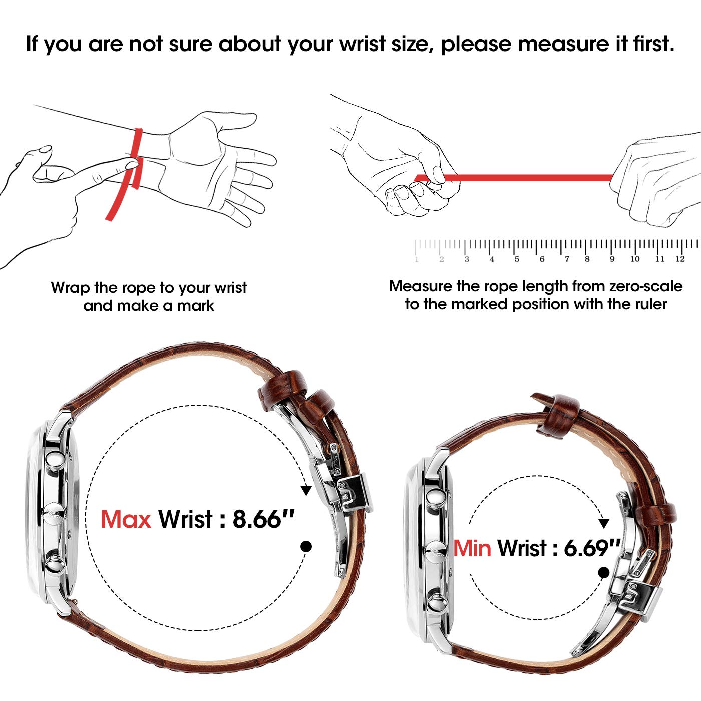 FEICE Lederarmbänder für Automatikuhr Faltschließe Uhrenarmband Klassisches Prägung Ersatz Armbänder (20mm, Braun)