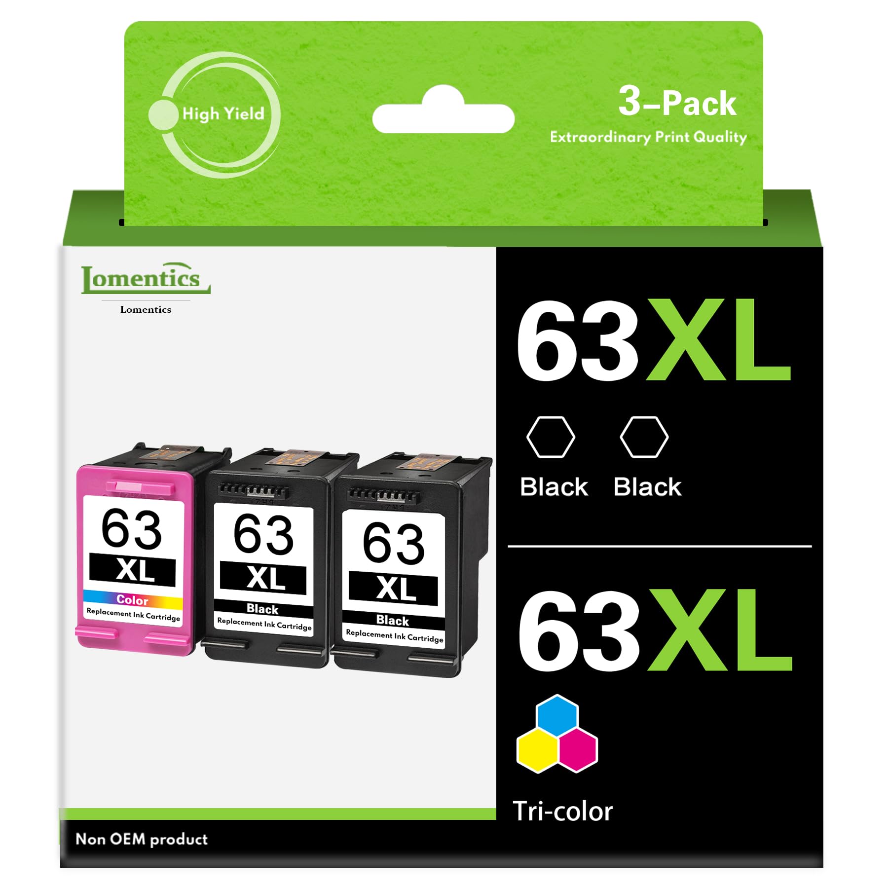 LOMENTI - Cartuchos de tinta 63XL (3 unidades, 2 negro/1 tricolor) - Cartuchos de tinta compatibles con HP 63XL para impresora Envy 4520 4512 OfficeJet 3830 5258 DeskJet 1112