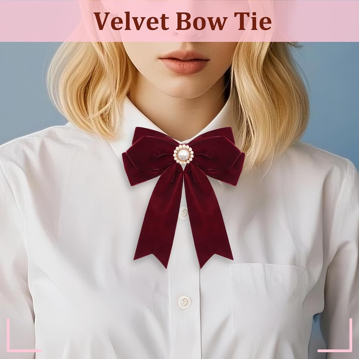Velvet Womens Bow Tie, Pre Tied Bow Ties for Women with Pearls Solid Color Bowtie for Party