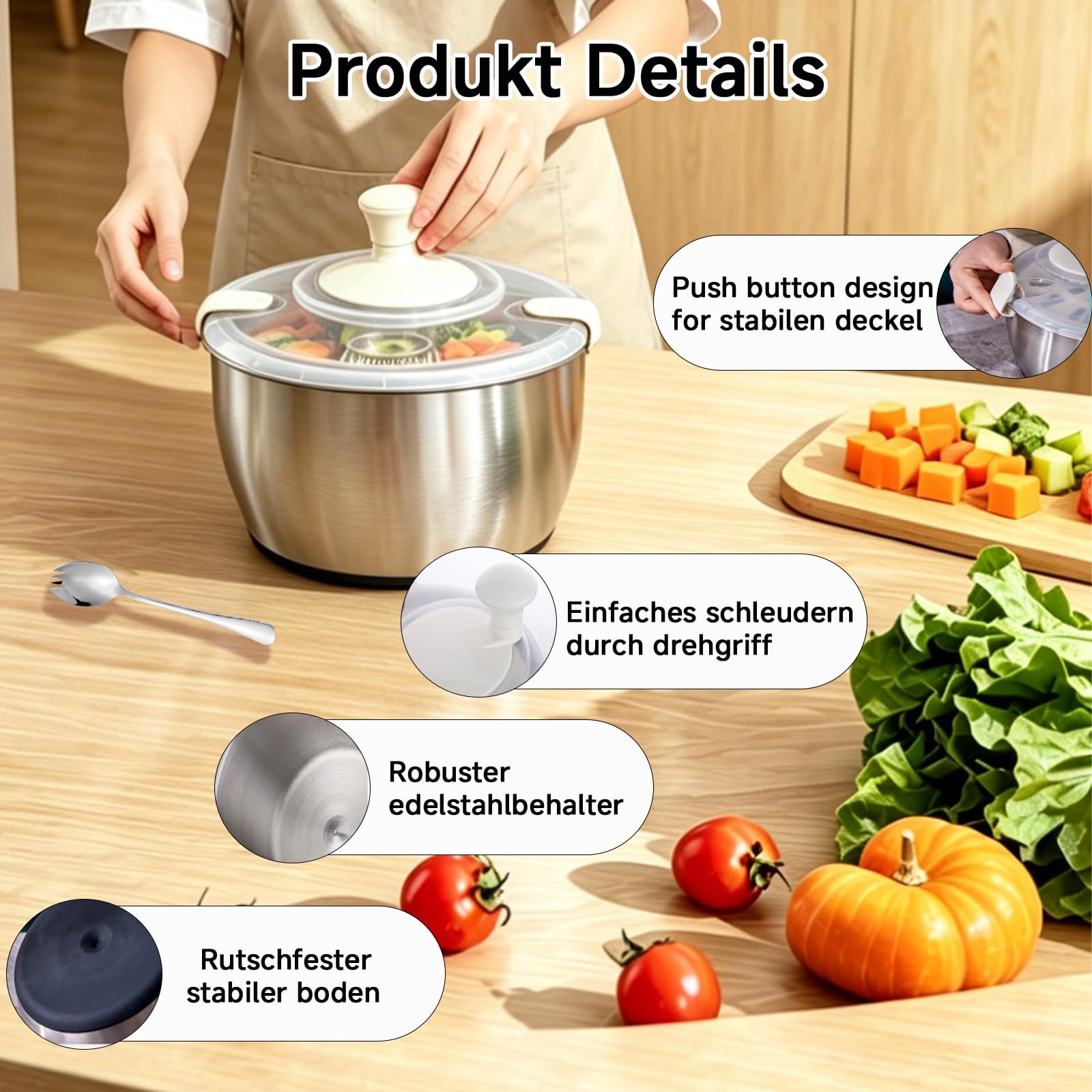 5L Salatschleuder Edelstahl Groß, 2 In 1 Hochwertige 304 Salad Spinner mit Deckel, Salatschleudern Kurbelantrieb mit Rutschfestem Boden & Wasserauslass, Salat Trockner für Frische Salate & GemüSe