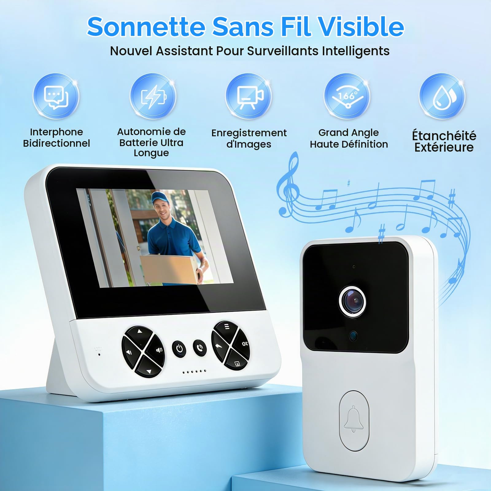 Sonnette Vidéo Sans Fil Extérieur avec Caméra - IP65 Étanche 1080P HD - Ecran IPS 4,3 Pouces Interphone Vidéo - Vision Nocturne Infrarouge et Audio Bidirectionnel - Sonnette Sans Fil avec Connexion Bl