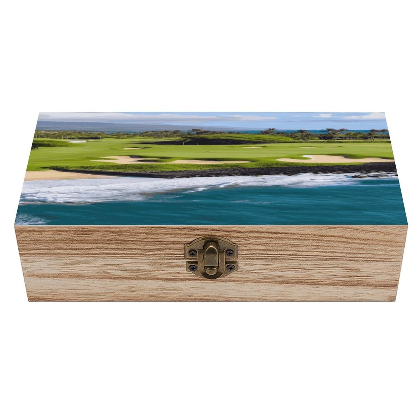 Btcowzrv Style Hawaii Beach Golf Course Wooden Storage Box, Keepsake Box With Hinged And Retro Lock, Wood Jewelry Organizer For Photos & Mementos And Home Decor