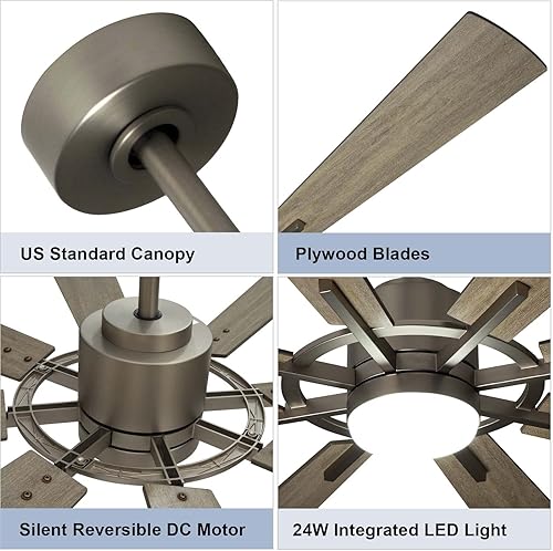 Miniatura 4 de Ventilador de techo grande de 60 pulgadas con luces y control remoto, ventilador de techo de 8 aspas de madera contrachapada con control remoto,