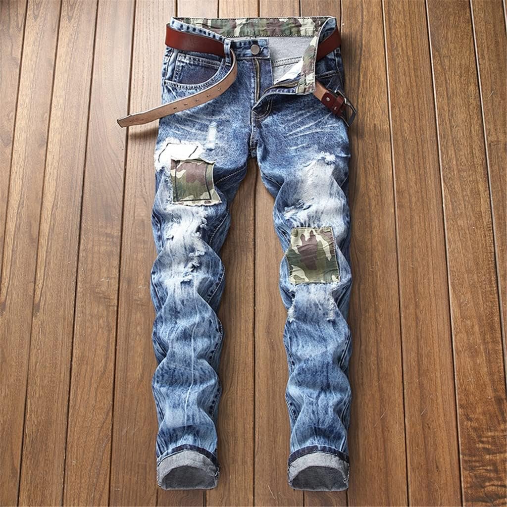European Mens Jeans Men's Denim Trousers Hole Slim Straight Zipper Pants