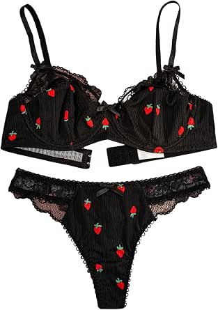 SOLY HUX Lingerie for Women Lace Trim Bra and Panty Heart Print ...