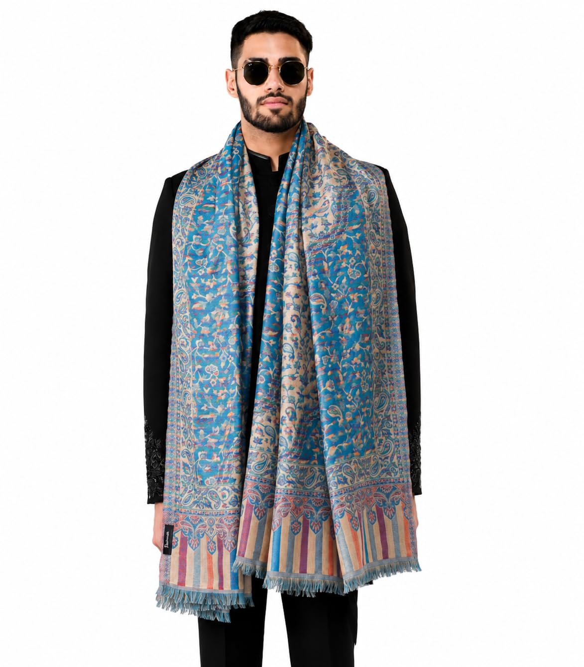 Mens Faux Pashmina, Woven Design Jamawar Stole, Blue Beige-image-3
