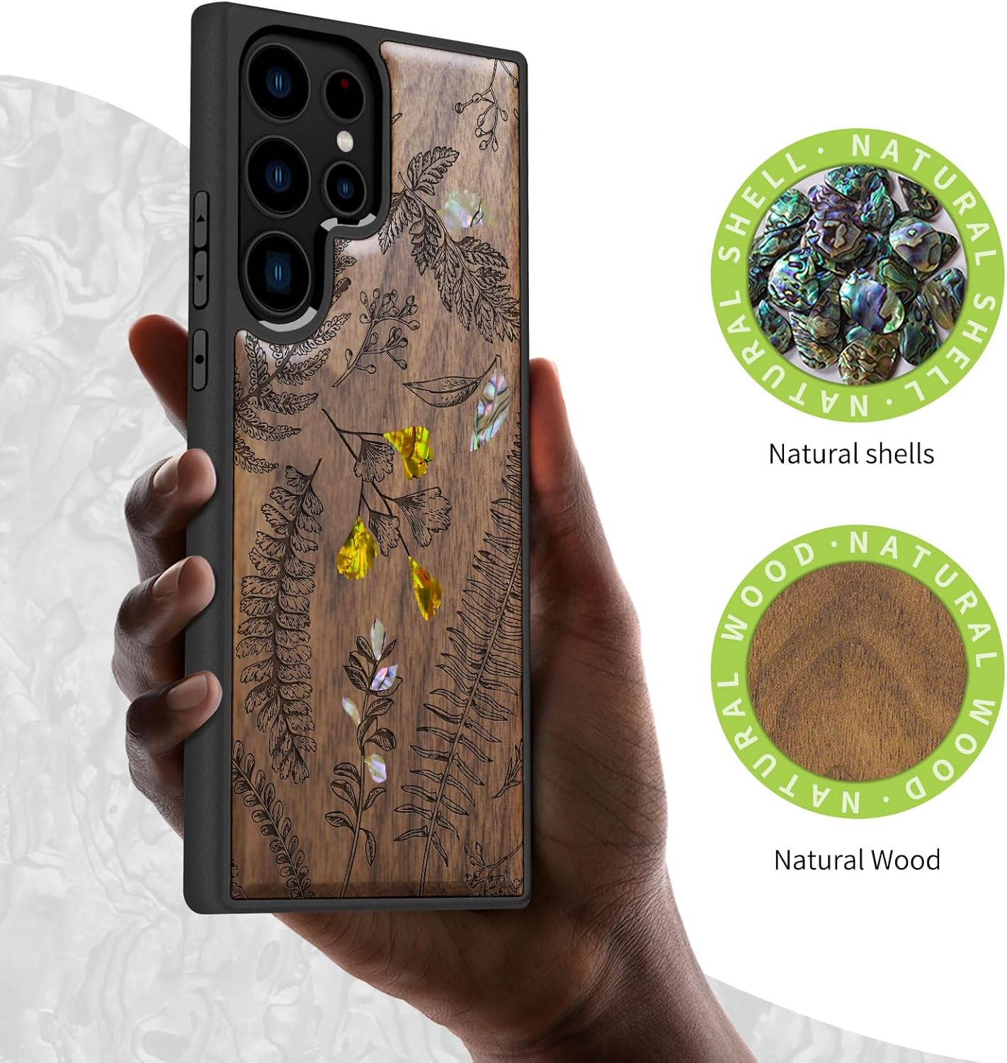 Carveit Designer Wooden Case for Samsung Galaxy S23 Ultra Cover [Wood Engraving & Shell Inlay] Compatible with Wireless Chargers S23 Ultra Case (Fern Leaves & Herbs-Walnut)
