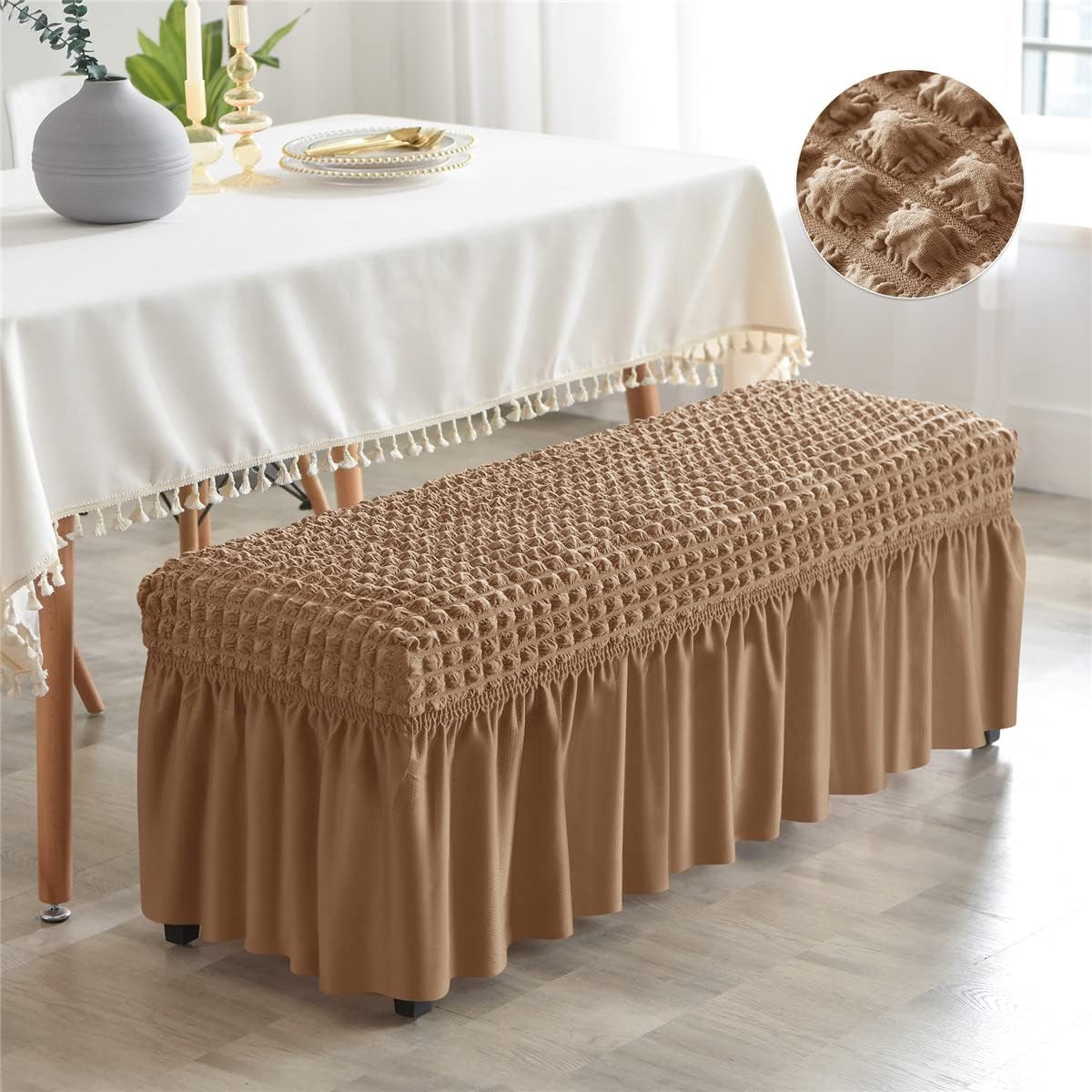 SZJIAHTM Dining Bench Soft Stretch Slipcover with Skirt Polyester Footstool Protector Bubble Lattice Piano Bench Covers for Living Room and Bedroom