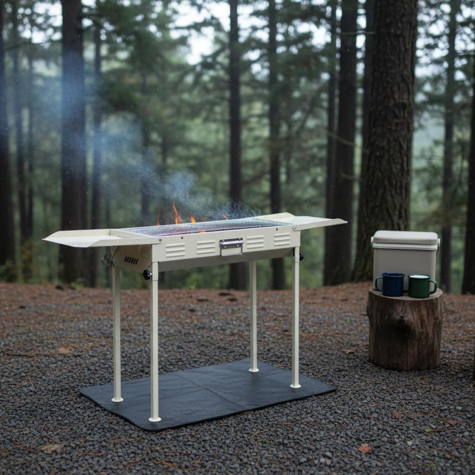 Barbecue da Esterno Griglia Carbone Piastra Forno Affumicatore Compatto Pieghevole in Ferro E Acciaio Doppia Area per Carne Verdure Spiedini Piano, Senza Padella Nera, 120 31 65cm