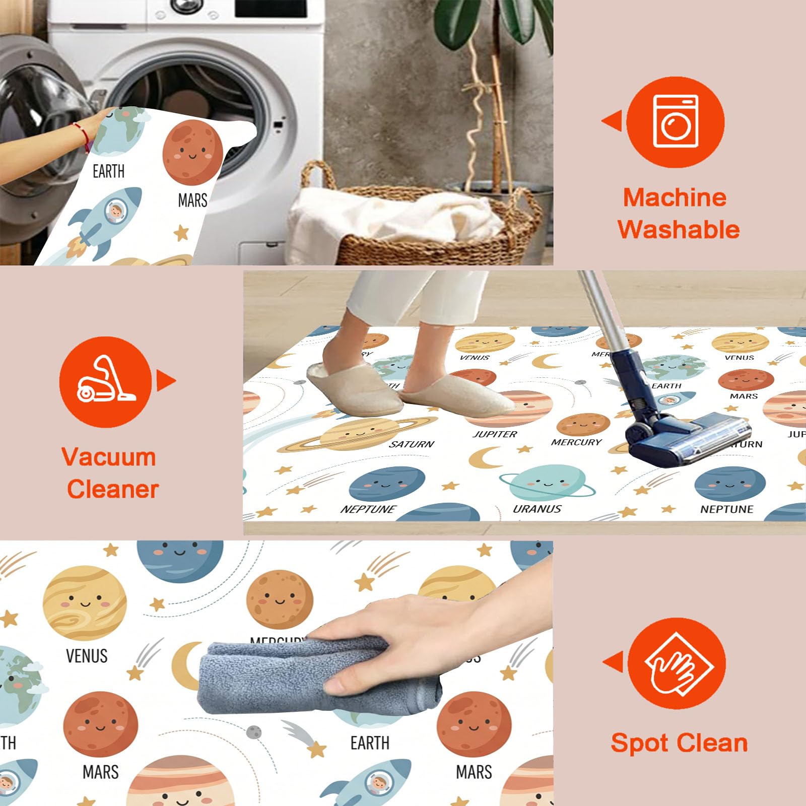 Tapis Rond Lavable Planètes du Système Solaire Fusées 180cm | Tapis Univers De Dessin Animé Mignon Antidérapants Salon Lavable en Machine pour pour Salle à Manger, Entrée, Cuisine, Blanc