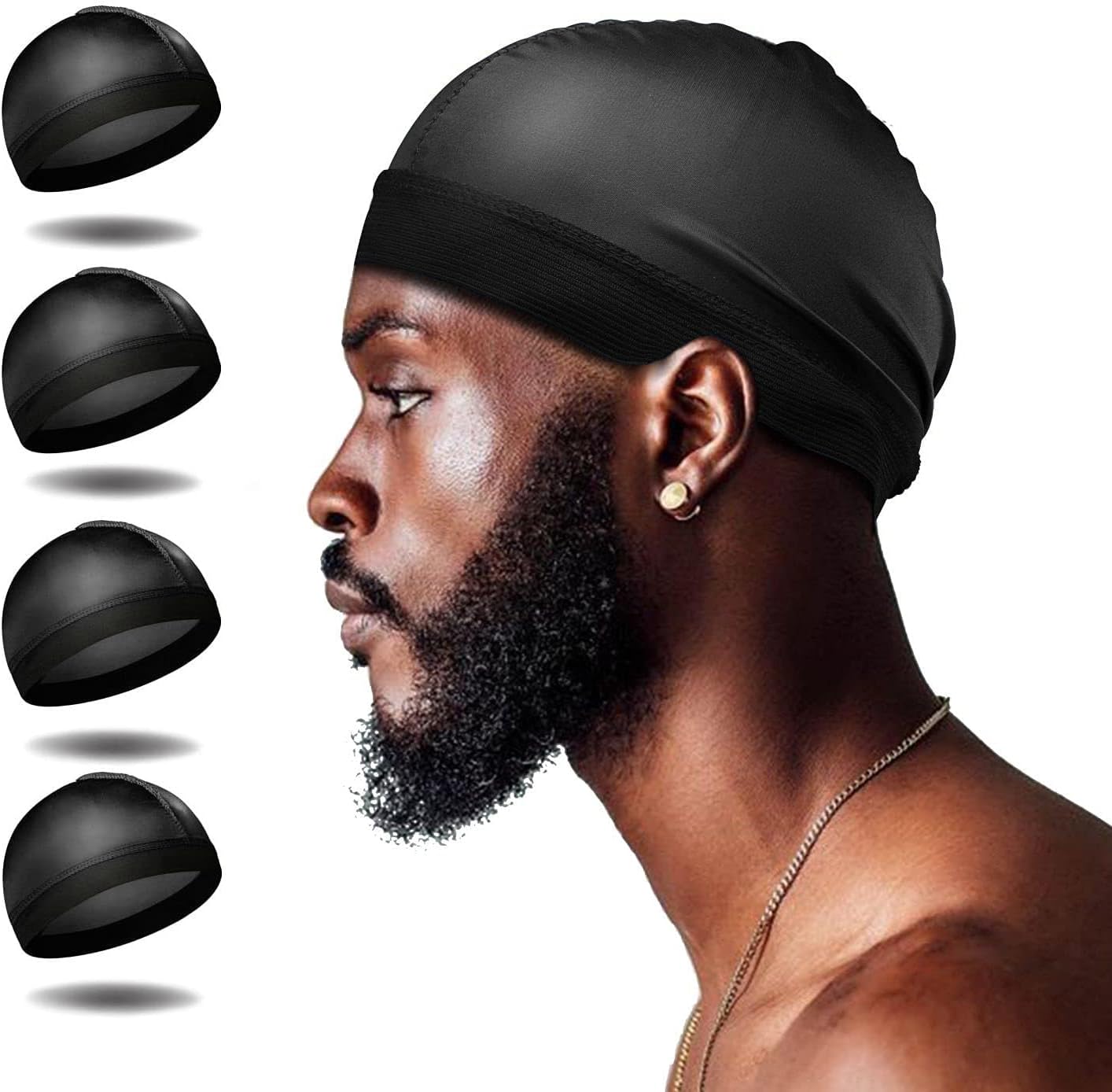 4Pcs Wave Cap, Silk Stocking Wave Caps for 360 Waves, Silky Durag for Men, Stain Caps (2*Blue 2*Black)