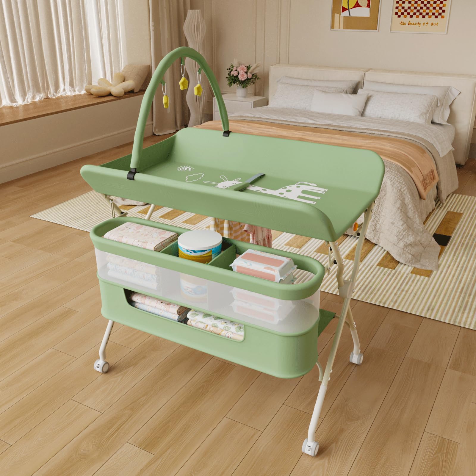 Table a Langer Pliante avec Panier de Rangement,Structure en Fer Charge Max 15KG,Réglable en Hauteur,Table à Langer Mobile pour Nouveaux-Nés,80 * 73 * 94 cm (Vert,)