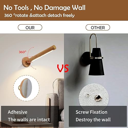 Miniatura 3 de Lámpara de pared LED giratoria de 360, apliques de pared magnéticos recargables por USB, funciona con pilas, luz nocturna LED para el hogar (madera