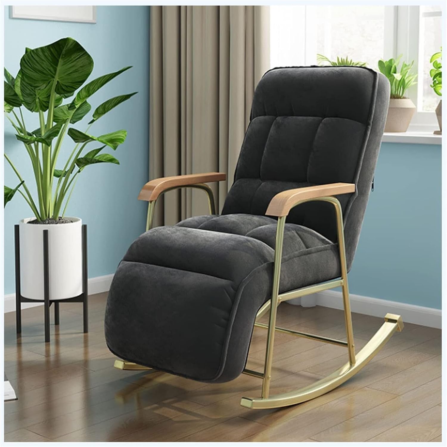 Sedia a dondolo con schienale alto con braccioli, per rilassarsi, leggere e per uso domestico, in soggiorno o camera da letto, design confortevole ed elegante