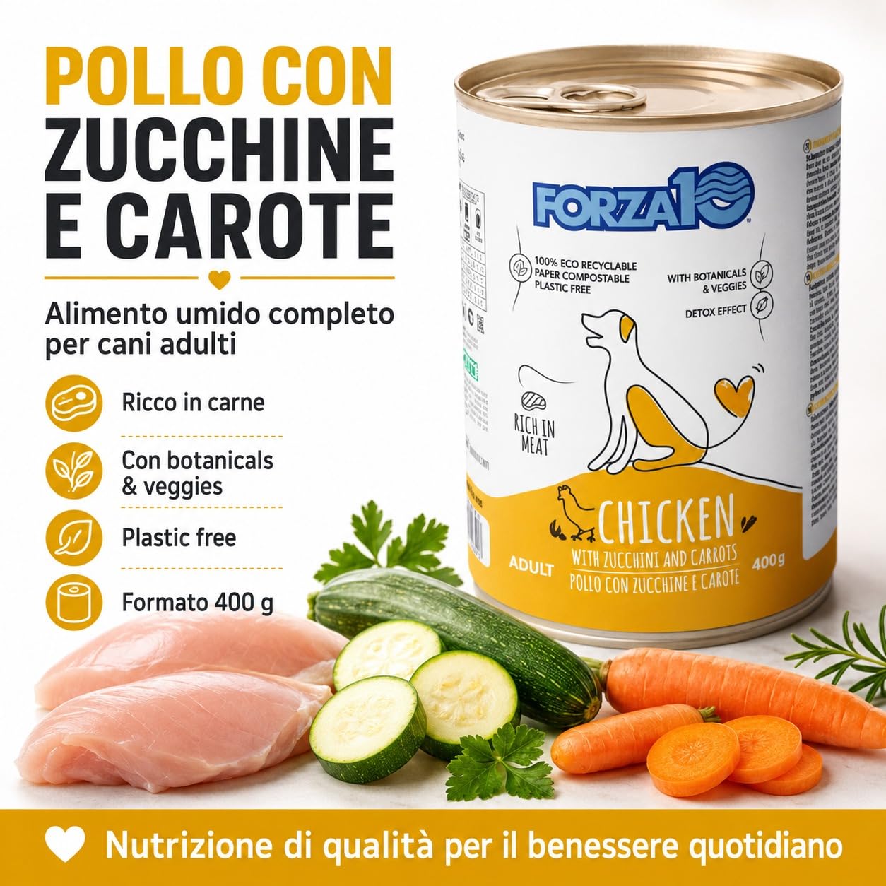 Pollo,Zucchine e Carote– Forza10 Cibo Umido per Cani Adulti di tutte le Taglie e Razze, Monoproteico, 12 Lattine x 400g, Alimento Completo Ricco in Carne.