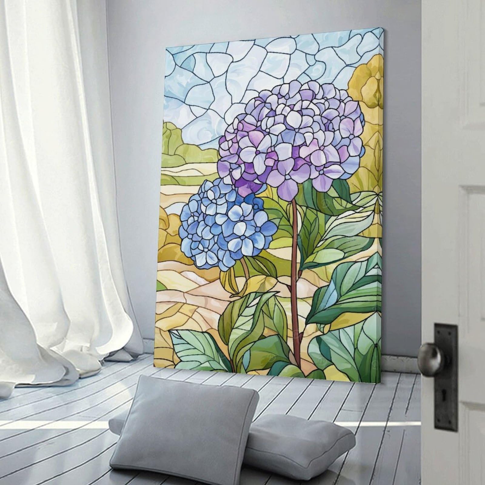 Junmoney Stained Glass Hydrangeas Wall Art Print 24x36inch(60x90cm), for Hallway, Entryway Or Landing, Wall Decor to Refresh Empty Corners, for Cosy Room Updates
