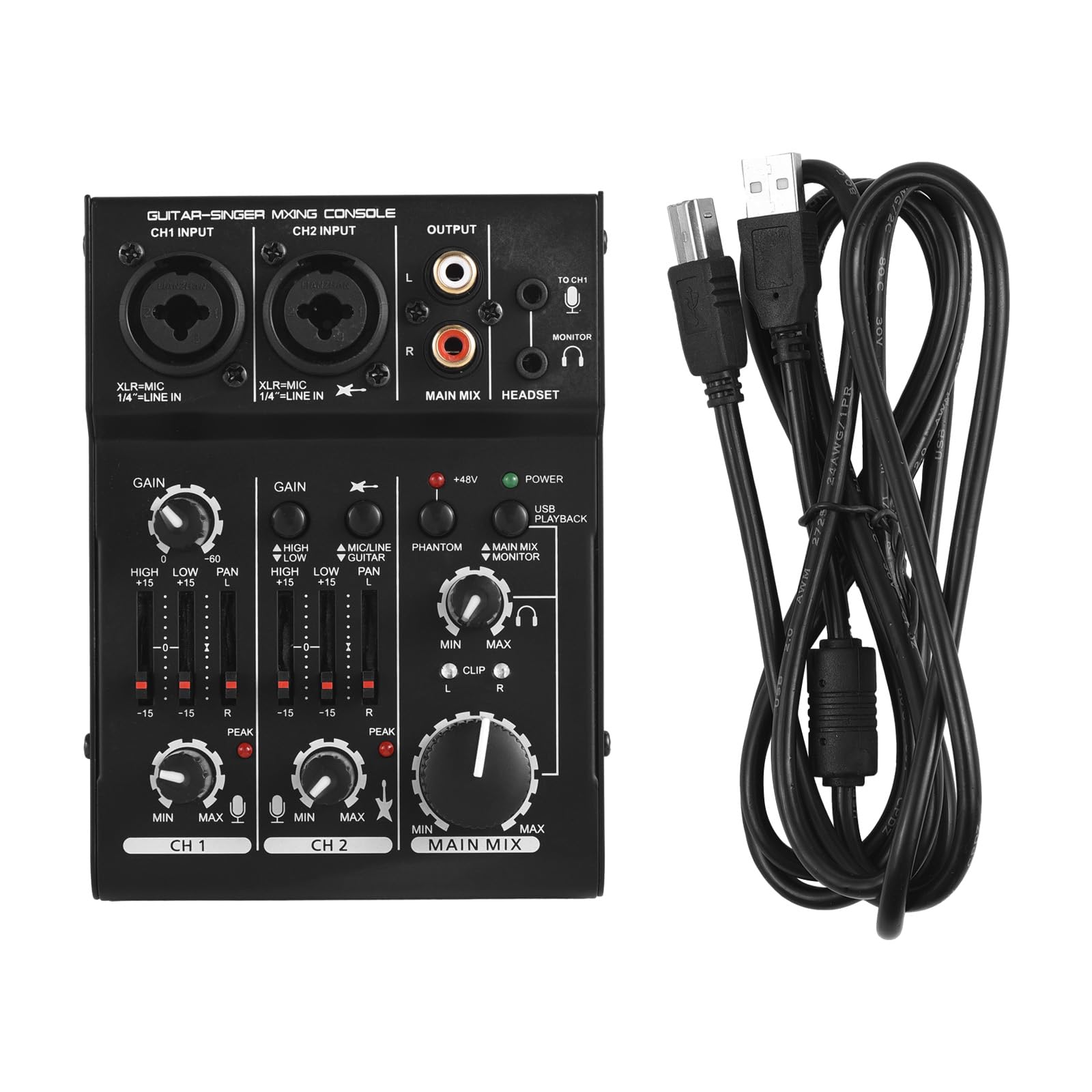 Wakects Mini Mixer di Schede Audio a 2 Q303 con USB, Feed Fantasma 48 V, Equalizzatore, Suono Professionale per DJ e Musicisti