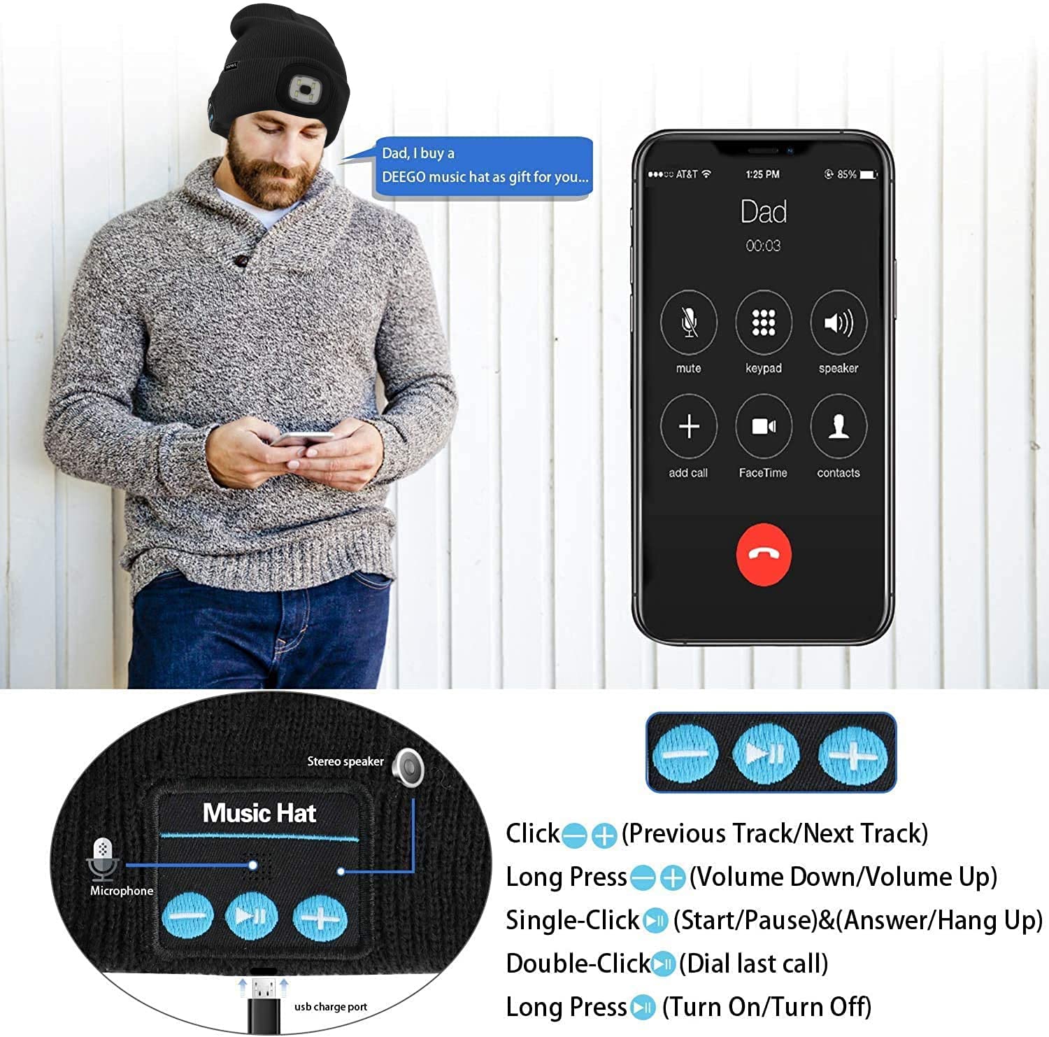 ATNKE Berretto Bluetooth con LED Illuminato, USB Ricaricabile Wireless Musicale Cappello Corsa Ultra Bright 4 LED Impermeabile Lampada per Sci Escursionismo Campeggio Ciclismo
