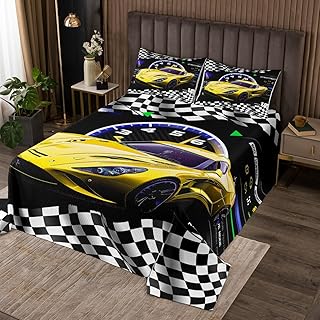 Homemissing Colcha acolchada de coche de carreras, tamaño doble, color amarillo, para niños, niñas, adolescentes, automóvil, deportes extremos, juego de cubrecama a cuadros para decoración de