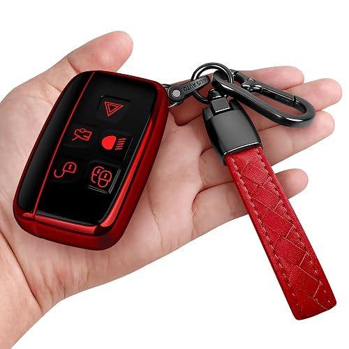 Sindeda for Land Rover Key Fob Cover with Keychain Soft Full Protection Key Shell Key Case Compatible with Land Rover LR4 Range Rover Sport Evoque Jaguar XF XJ XJL F-pace (Red)