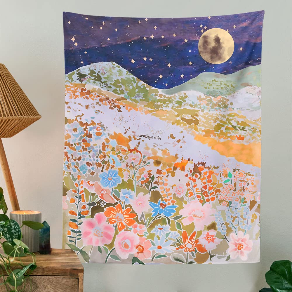 LIJUCAI Blumenteppich Hippie Blume Wandteppiche Wohnheim Dekor Sternenhimmel Teppich Dekoration Wand Makramee Vorhang, 1.150x200cm
