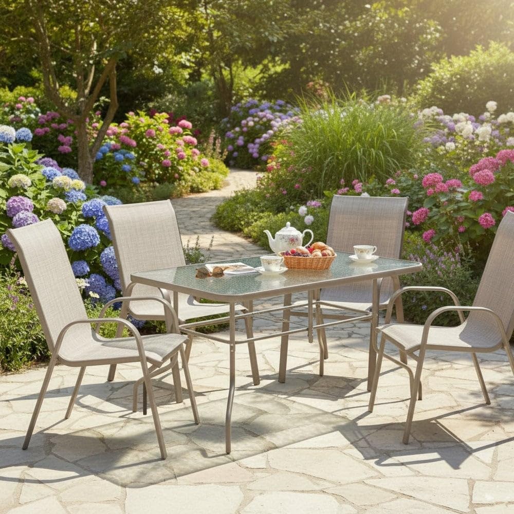 MONTY Mesa de Jardín Rectangular 140x90 cm de Acero Arena con Tablero de Cristal Templado 5mm | Pintura Anticorrosión, Uso Exterior | para 4 Personas | Requiere Montaje | Classic