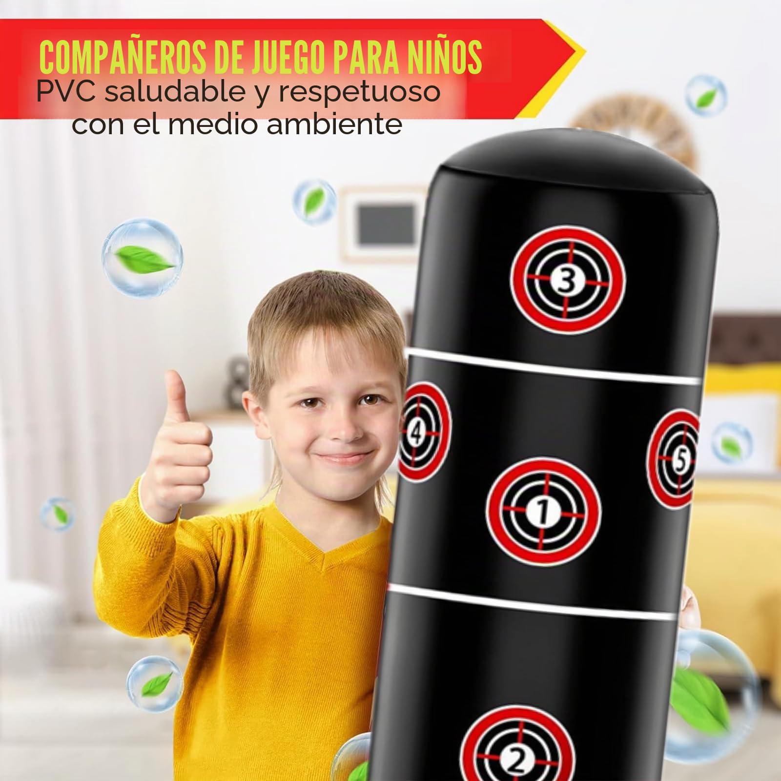 Saco de Boxeo Niños con Guantes de Boxeo 160cm Hinchable Saco de Boxeo para Niños 3-12 Juguete Divertido y Seguro para Hacer Ejercicio en Casa Regalo para Niños Niñas Sin BPA