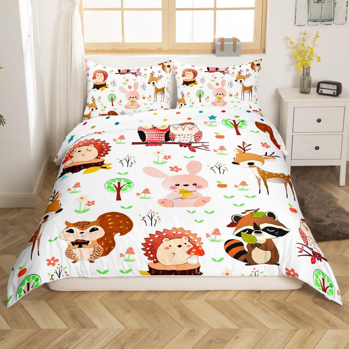 Feelyou Cute Rabbit Duvet Cover for Kids Toddler Toddler Size Hedgehog Bedding Set Boys Girls Raccoon Owls Duvet Cover Squirrel Bedspread Cover 2Pcs with 1 Pillow Case (No Comforter)