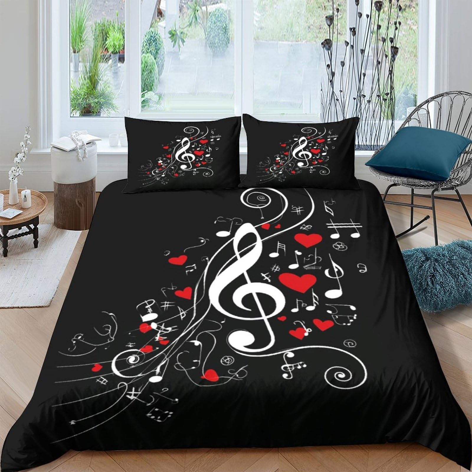 Ctjqhvkz Style-5 3D Printed Musical Note Heart Fitted Sheet Microfiber Black Red Artistic Bed Cover Non Slip Bedroom Decor Single（135X200cm）