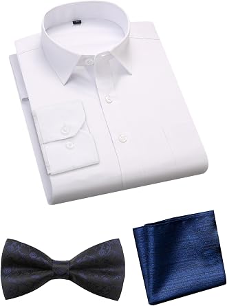 Mens Formal Button Up Shirt Regular Fit White Long Sleeve Pocket Square Bow Tie Business Wedding