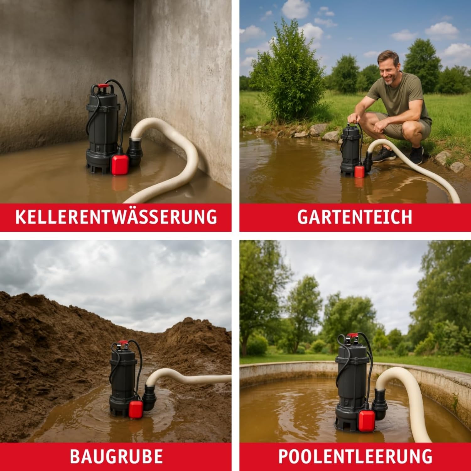 WALTER Schmutzwassertauchpumpe inkl. Schneidwerk, 20m C-Schlauch (1100W, 21.000l/h, Förderhöhe max. 15m, Anschlusskabel 8m, Thermoschutz) Fäkalienpumpe mit Zerkleinerer