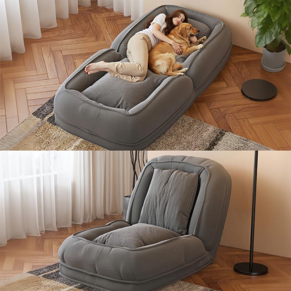 Human Dog Bed, Foldable Lazy Sofa Bed Floor Chair, Lazy Floor Lounger with 2 Soft Pillows, Comfy Tatami Lounge Chair for Living Room, Bedroom (Grey)