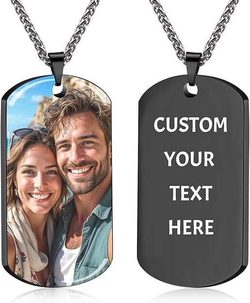 Picture Necklace Personalized Photo for Men - Custom Engraved Photo & Text Dog Tag Pendant for Boyfriend, Husband, Dad - Birthday, Valentine's Day, Fathers Day Gift