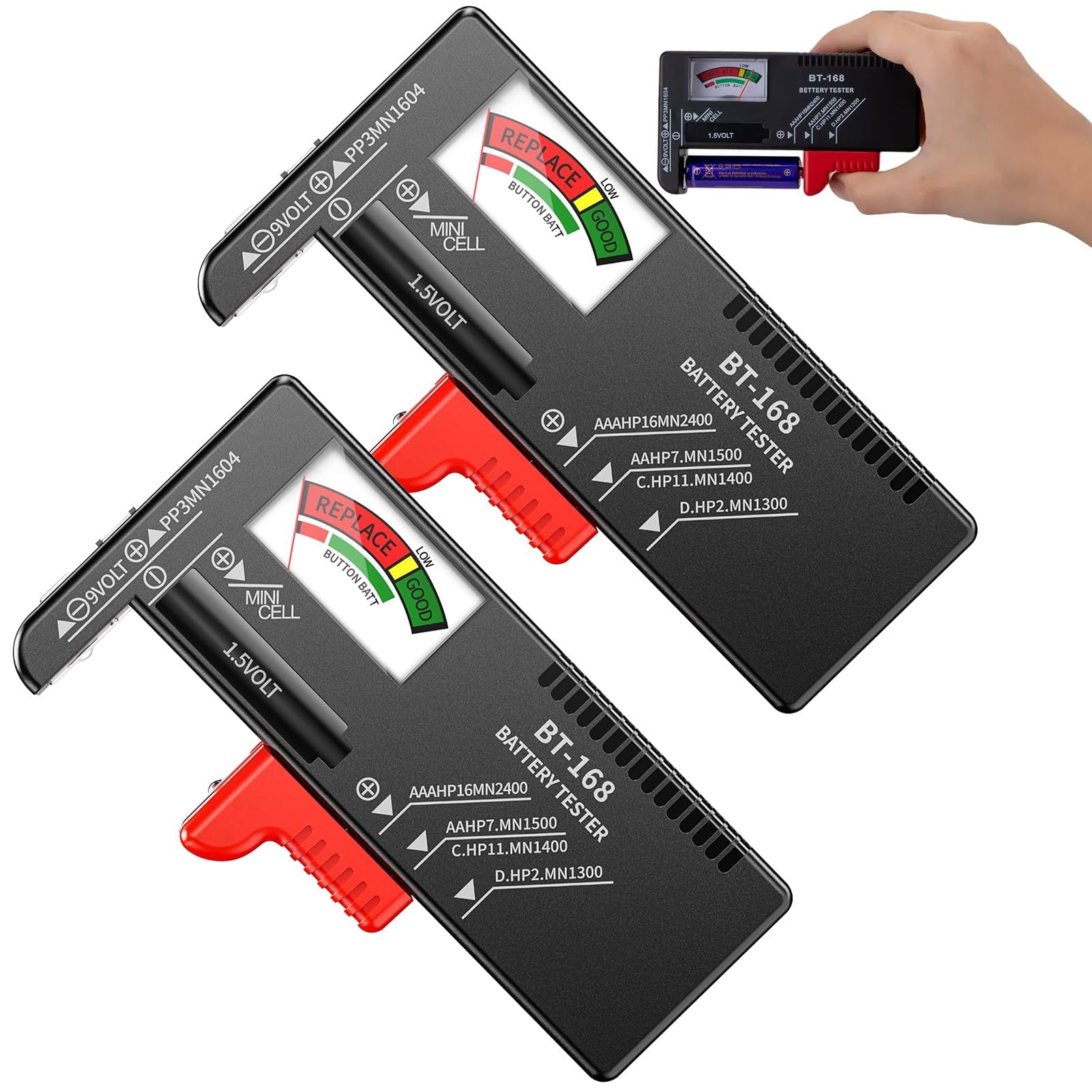 Set di 2 Tester Batteria Universale per Batterie AA AAA C D 9V 1.5V e a Bottone Nero