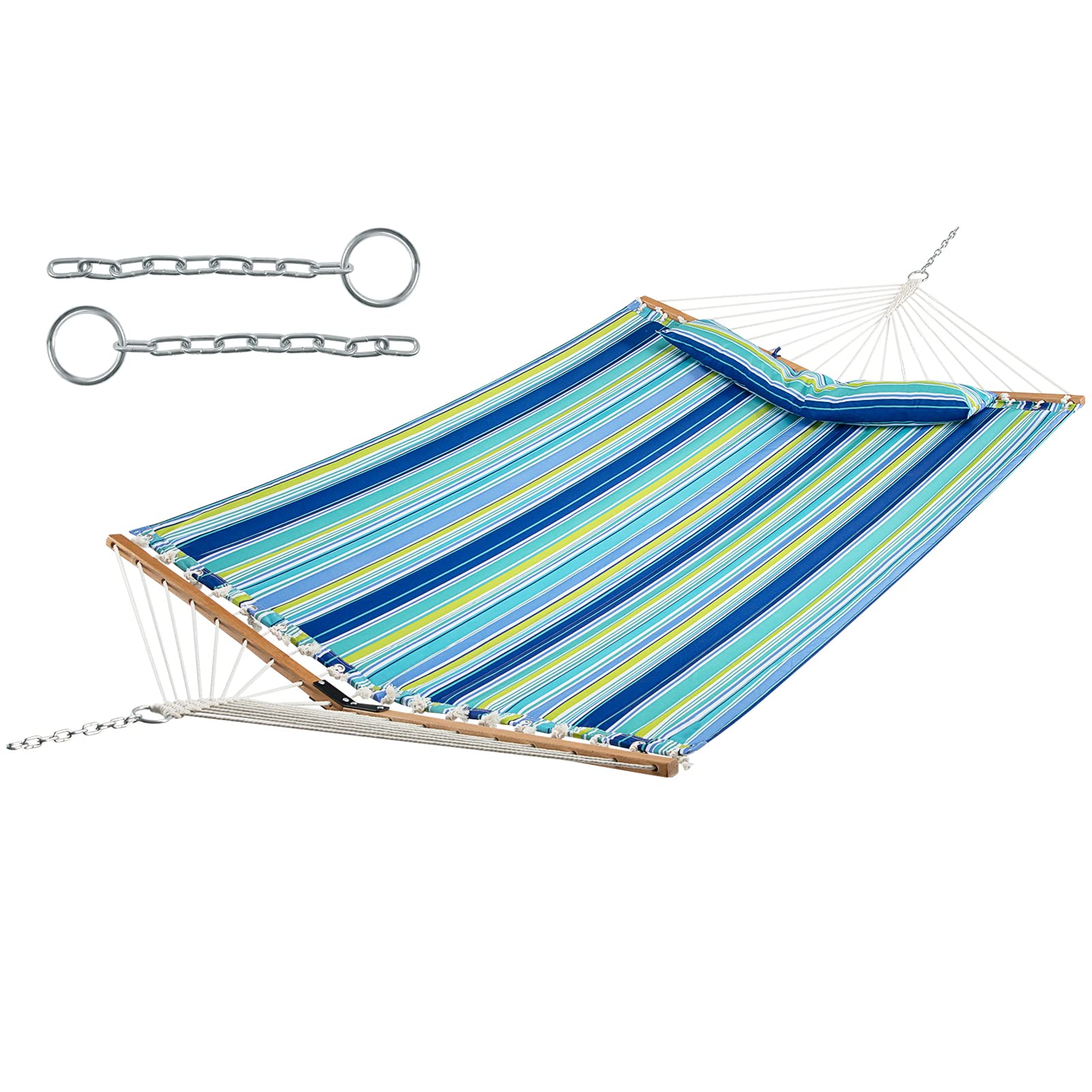 COSTWAY Outdoor Double Folding Hammock with Detachable Pillow and Hanging Straps, Portable Cotton Hammock Seat Swing Bed for Garden Patio Beach Camping (Blue+Green Stripe, Beech Wood Spread Bars)