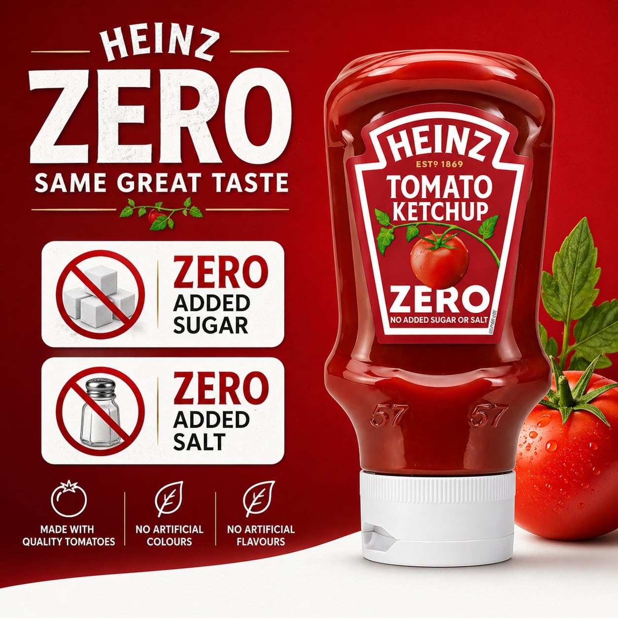 Heinz Ketchup pomidorowy bez dodatku cukru i soli, 425 g (opakowanie 10 szt.)