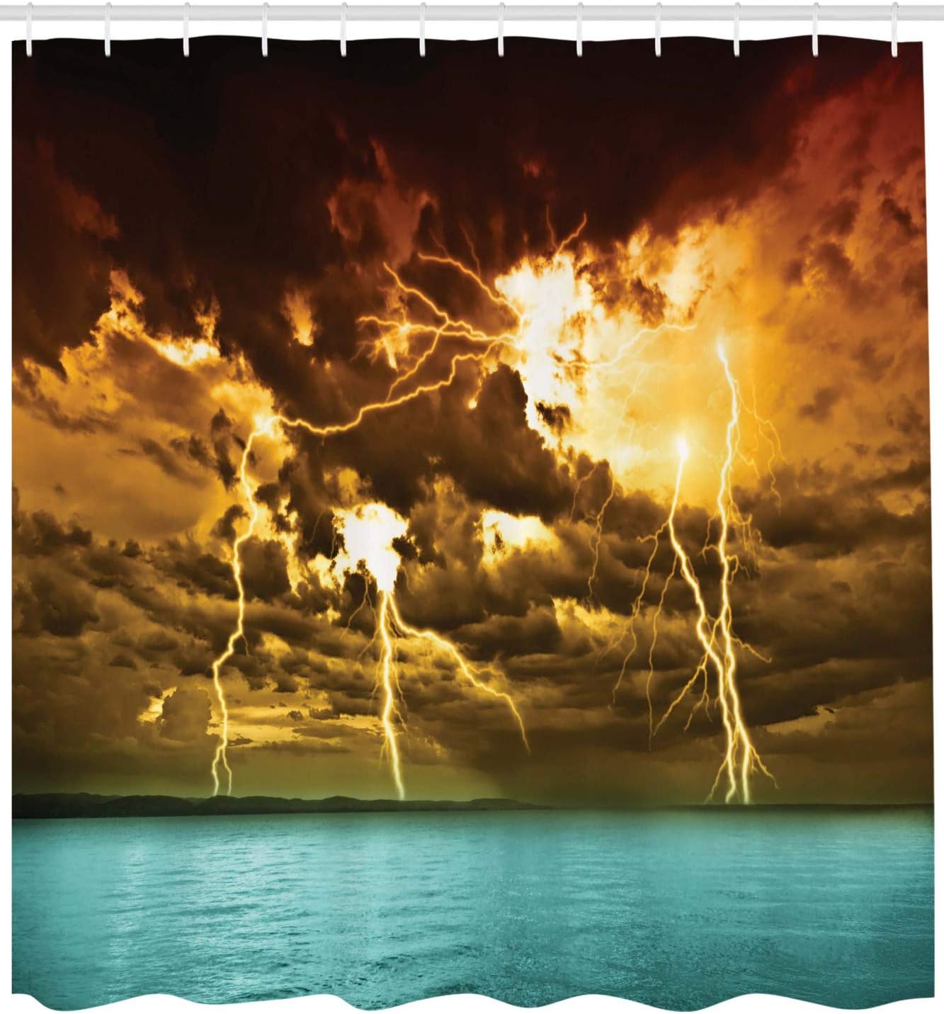 Ambesonne Nature Shower Curtain, Orange Tones Storm Over The Ocean Shore Dark Clouds Miracle Solar Cloudscape Horizon Illustration, Cloth Fabric Bathroom Set with Hooks, 69" W x 75" L, Yellow Blue