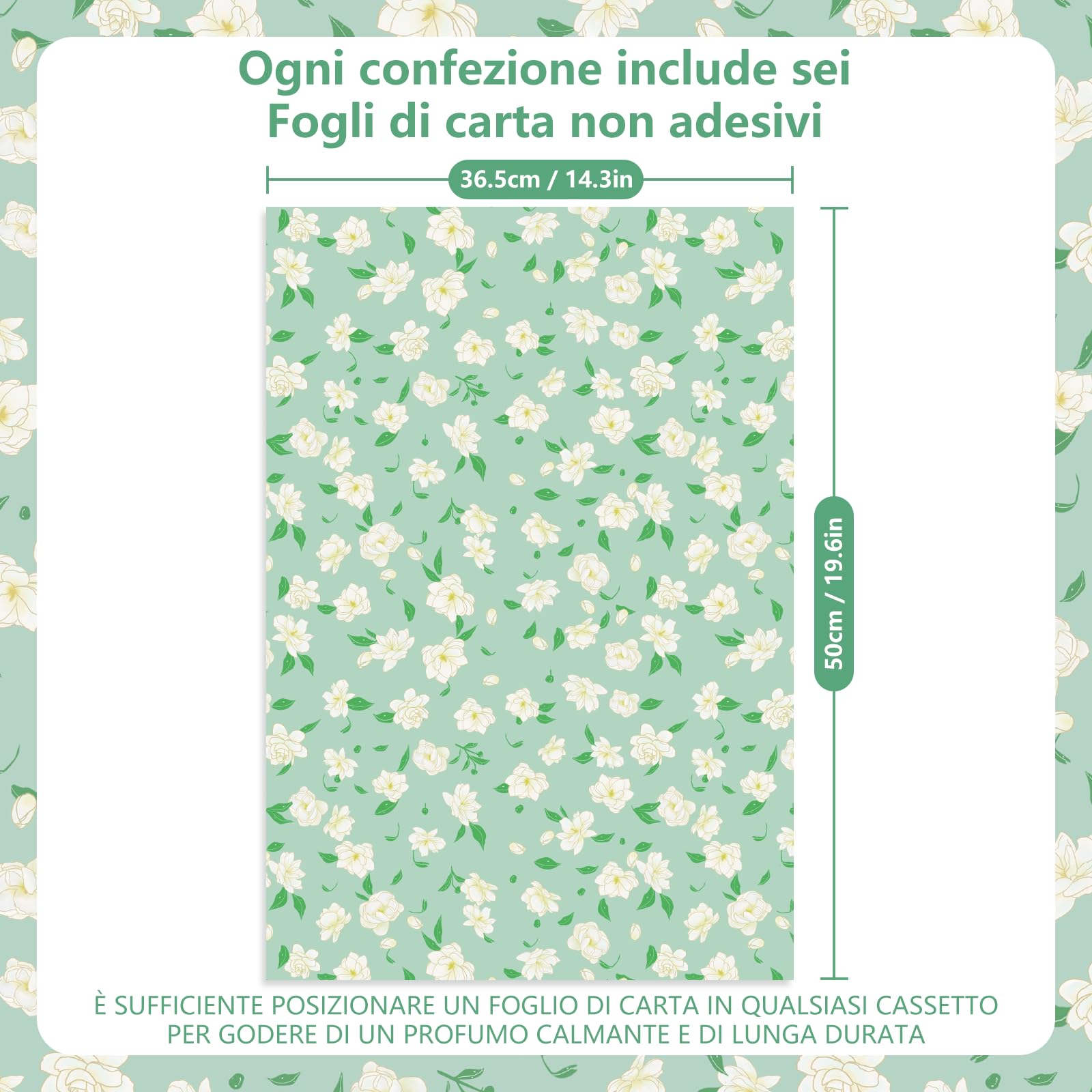 Carta Profumata di jasmine Fresco per Cassetti Fodere per Armadi per Profumare i Vestiti e Decorare i Mobili, 6 Fogli 36..5 x 50 cm