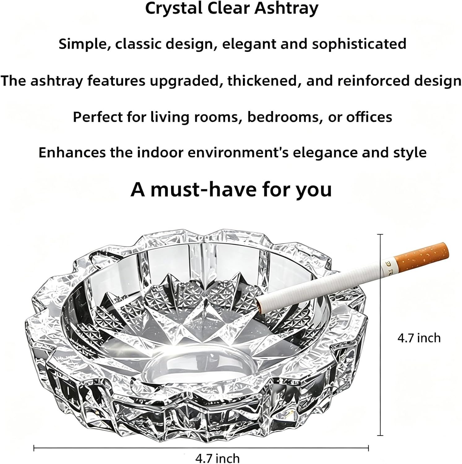 Fancy Glass Ashtray: 4.7-inch Crystal Ashtray, Dual-use Holder for Cigarettes, Stylish Ornament for Home, Office Desktop & Tabletop, Practical Ash Receptacle & Decorative Piece