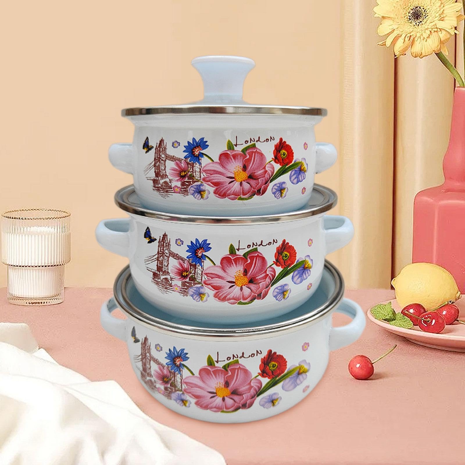 Baoblaze 3X Enamel Stockpot avec Couvercle de Soupe Profonde Pot antiadhésif en émail d'émail, A