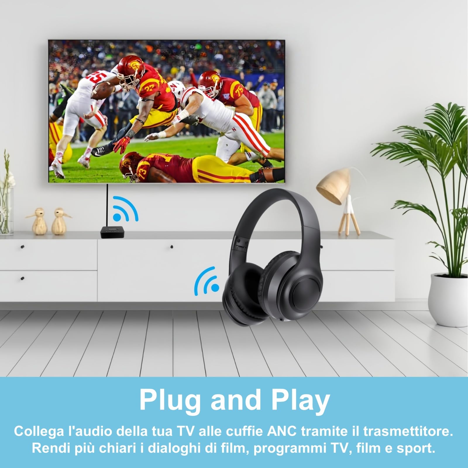 Cuffie TV ANC Senza Fili, Cuffie Pieghevoli da Viaggio, Con Trasmettitore Bluetooth per Ottica (Toslink)/Coassiale/RCA/AUX/3,5 mm/USB TV Uscita Audio, Cuffia TV Senza Fili per Anziani